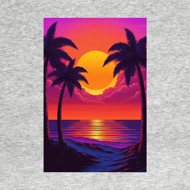 Illustration of an 80s Synthwave retro sunset with palm trees on the beach by mikath